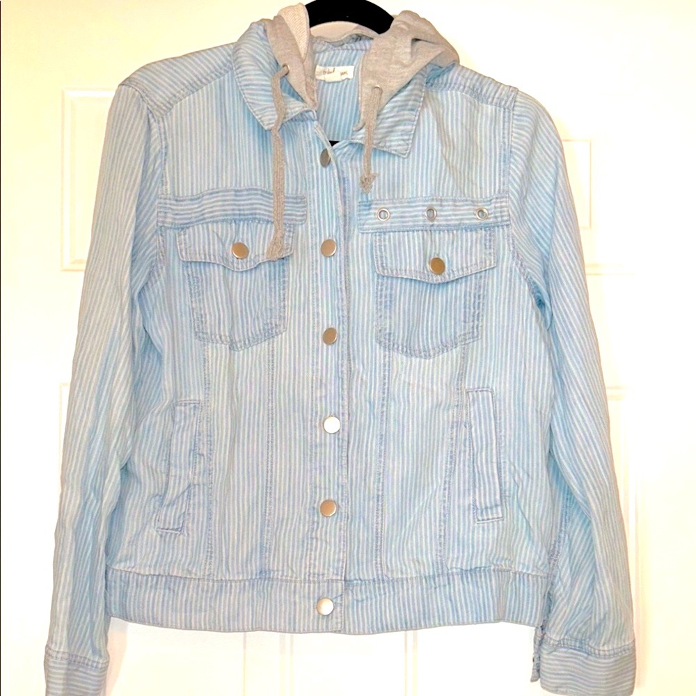 Tribal Jeans PinStripe Denim Jacket M Blue Removable Hood Casual Lightweight